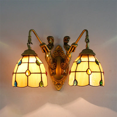 Tiffany 2-Head Grid Pattern Stained Glass Sconce Light - Beige-White-Blue-Clear Beige