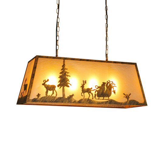 Rustic Etched Linear Island Lamp - 4-Light Plastic And Metal Ceiling Light In Beige