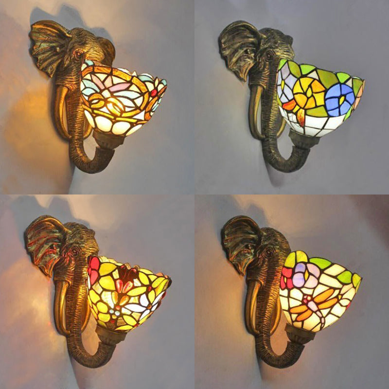 Sconce Lighting With Elephant Design And Lodge Style Stained Glass In Brass - Bowl Wall Lamp Floral