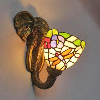 Sconce Lighting With Elephant Design And Lodge Style Stained Glass In Brass - Bowl Wall Lamp Floral