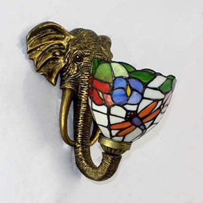 Sconce Lighting With Elephant Design And Lodge Style Stained Glass In Brass - Bowl Wall Lamp Floral