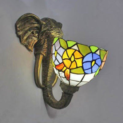 Sconce Lighting With Elephant Design And Lodge Style Stained Glass In Brass - Bowl Wall Lamp Floral