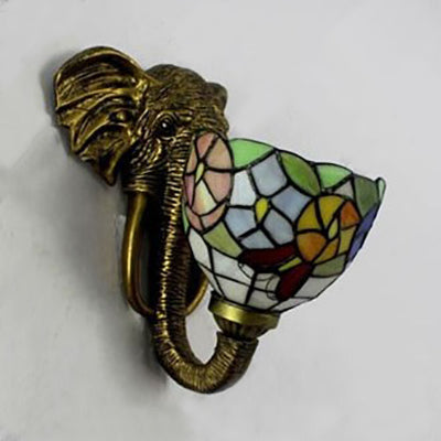 Sconce Lighting With Elephant Design And Lodge Style Stained Glass In Brass - Bowl Wall Lamp Floral