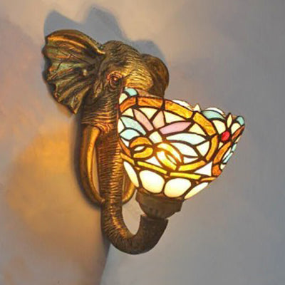 Sconce Lighting With Elephant Design And Lodge Style Stained Glass In Brass - Bowl Wall Lamp Floral