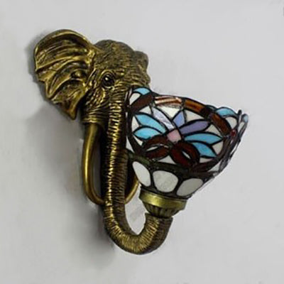 Sconce Lighting With Elephant Design And Lodge Style Stained Glass In Brass - Bowl Wall Lamp Floral