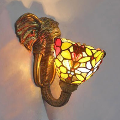 Sconce Lighting With Elephant Design And Lodge Style Stained Glass In Brass - Bowl Wall Lamp Floral