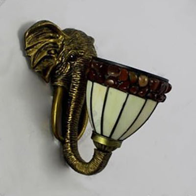 Elephant Resin Stained Glass Wall Sconce Lamp - Lodge Style Brass Accent