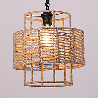 Rustic Lodge Pendant Light - Roped Cylinder Hanging Ceiling Lamp For Coffee Shop In Beige