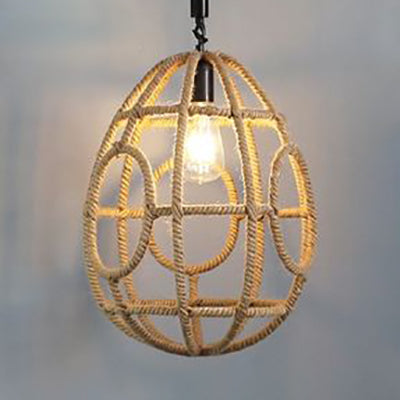 Rustic Beige Pendant Lighting: 1 Bulb Oval Cage Suspended Lamp For Restaurants With Rope Shade