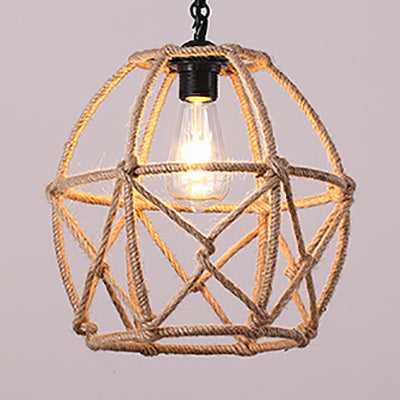 Rustic Geometric Cage Pendant Light With Rope - Ideal For Restaurants And Ceilings Beige