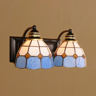 Baroque Grid Blue Glass Wall Sconce Light Fixture - 2 Heads