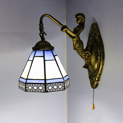 Blue Tiffany Glass Wall Sconce With Antique Brass Finish