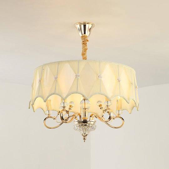 Contemporary Smocked Pleated Shade Chandelier Light 5-Bulb Pendant In Beige Fabric & Gold