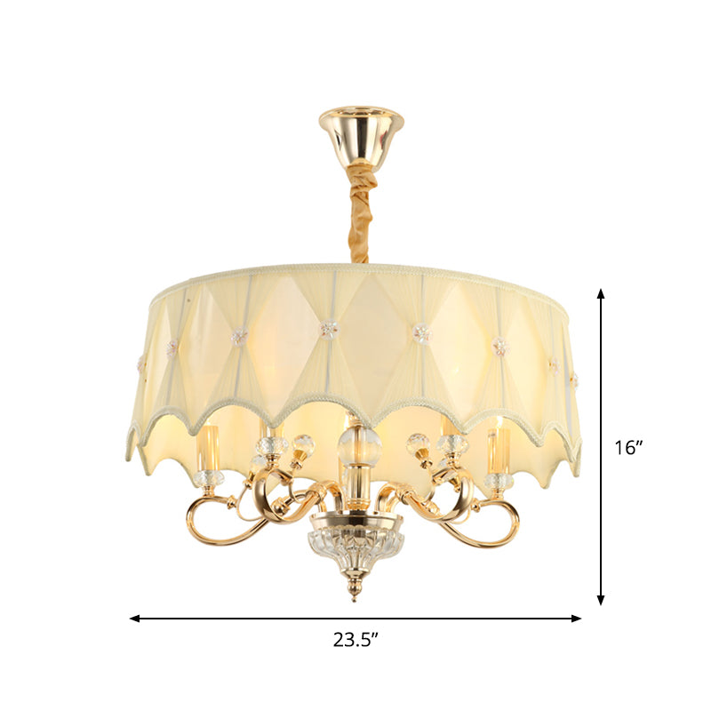 Contemporary Smocked Pleated Shade Chandelier Light 5-Bulb Pendant In Beige Fabric & Gold