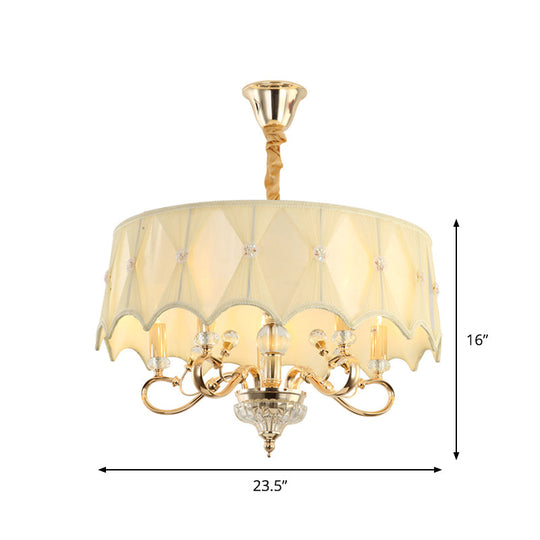 Contemporary Smocked Pleated Shade Chandelier Light 5-Bulb Pendant In Beige Fabric & Gold