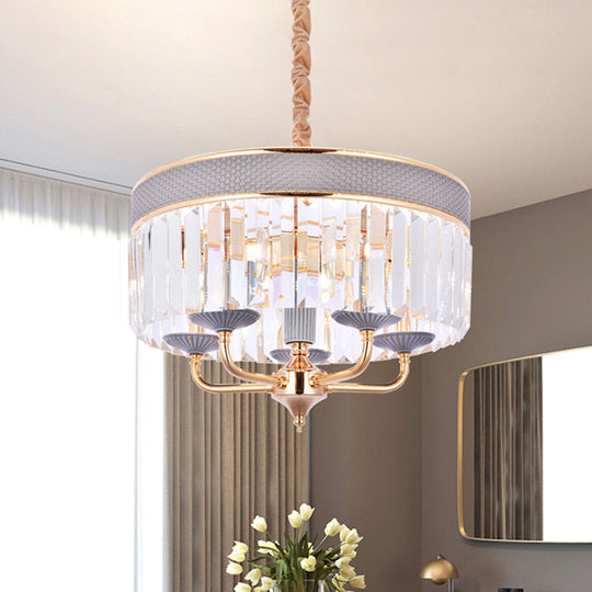 Contemporary Grey Drum Chandelier With Crystal Shade - 5 Heads Pendant Lighting Fixture