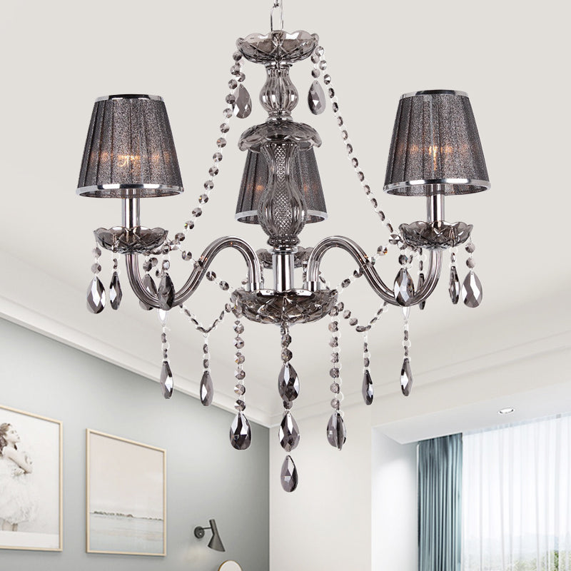 Contemporary 3-Head Grey Crystal Candelabra Chandelier With Fabric Shade - Ceiling Suspended