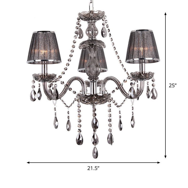 Contemporary 3-Head Grey Crystal Candelabra Chandelier With Fabric Shade - Ceiling Suspended