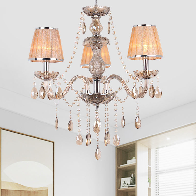 Modern Crystal Pendant Light Kit With 3-Head Ceiling Chandelier & Pleated Fabric Shade In Gold