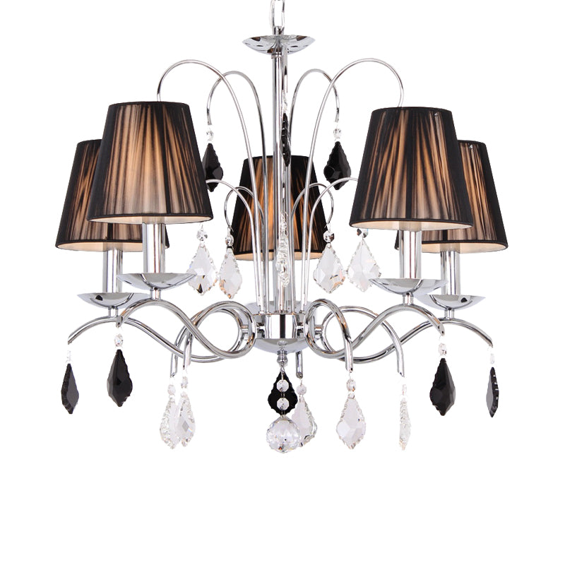 Contemporary Black 5-Light Chandelier With Swirled Arm Pleated Fabric Shade - Ceiling Fixture