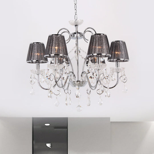 Modern 6-Bulb Crystal Chandelier With Grey Pleated Fabric Shade