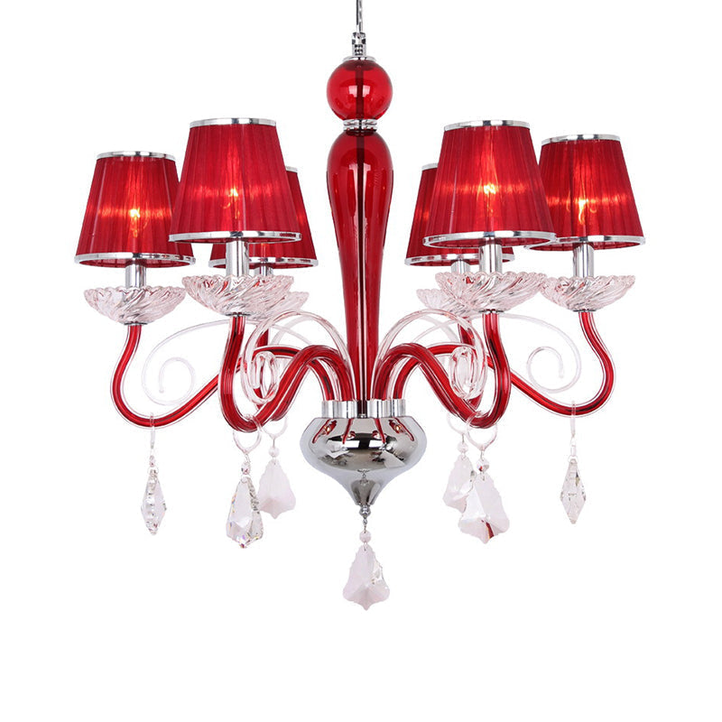 6-Head Chandelier Light Fixture: Conical Fabric Shade Crystal Dining Room Pendant Lighting