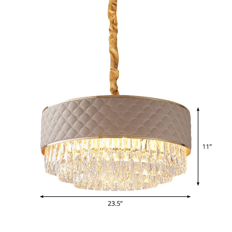 Post-Modern 10-Light Drum Ceiling Crystal Chandelier Light Fixture With Leatherwear Shade