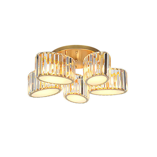 Gold Carved Crystal Semi-Flush Ceiling Lamp With Oval/Teardrop Design And 5 Lights