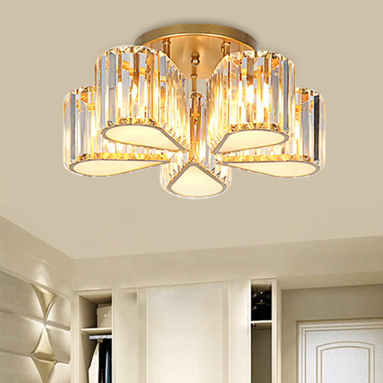 Gold Carved Crystal Semi-Flush Ceiling Lamp with Oval/Teardrop Design and 5 Lights