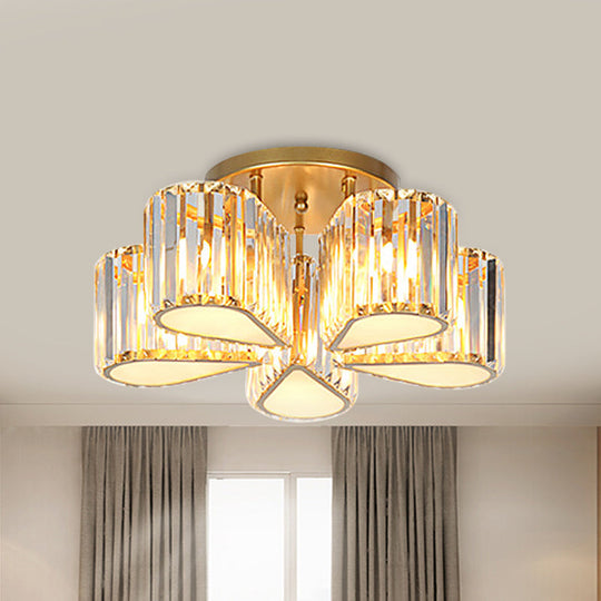 Gold Carved Crystal Semi-Flush Ceiling Lamp with Oval/Teardrop Design and 5 Lights