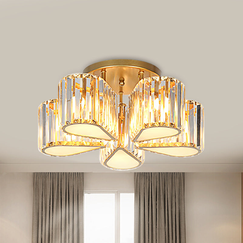 Gold Carved Crystal Semi-Flush Ceiling Lamp With Oval/Teardrop Design And 5 Lights