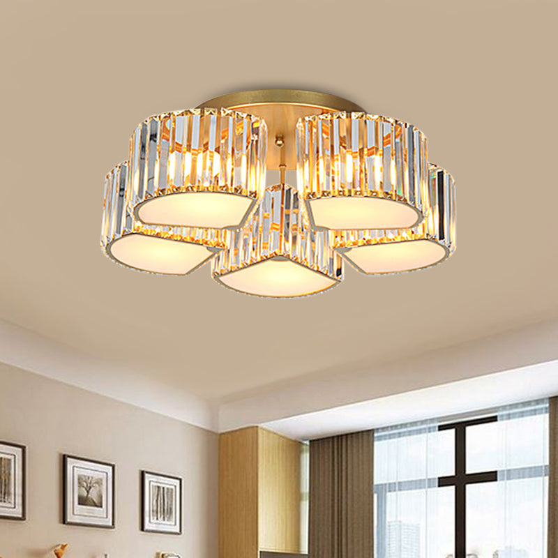 Modern Crystal Semi Flush Ceiling Light Fixture with Shell/Square Shade - 5/7-Head Design in Gold for Dining Room