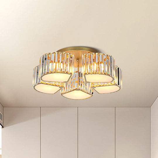 Modern Crystal Semi Flush Ceiling Light Fixture with Shell/Square Shade - 5/7-Head Design in Gold for Dining Room