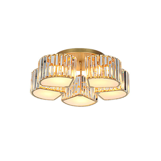 Modern Crystal Semi Flush Ceiling Light Fixture with Shell/Square Shade - 5/7-Head Design in Gold for Dining Room