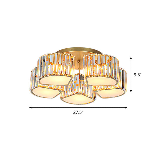 Modern Crystal Semi Flush Ceiling Light Fixture with Shell/Square Shade - 5/7-Head Design in Gold for Dining Room