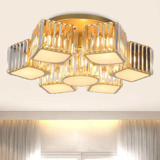 Modern Crystal Semi Flush Ceiling Light Fixture with Shell/Square Shade - 5/7-Head Design in Gold for Dining Room