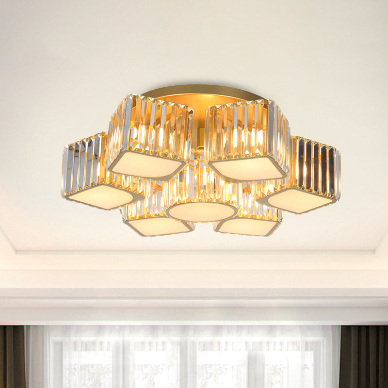 Modern Crystal Semi Flush Ceiling Light Fixture with Shell/Square Shade - 5/7-Head Design in Gold for Dining Room