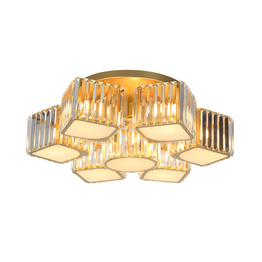 Modern Crystal Semi Flush Ceiling Light Fixture with Shell/Square Shade - 5/7-Head Design in Gold for Dining Room