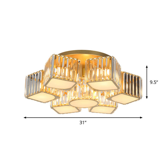 Modern Crystal Semi Flush Ceiling Light Fixture with Shell/Square Shade - 5/7-Head Design in Gold for Dining Room