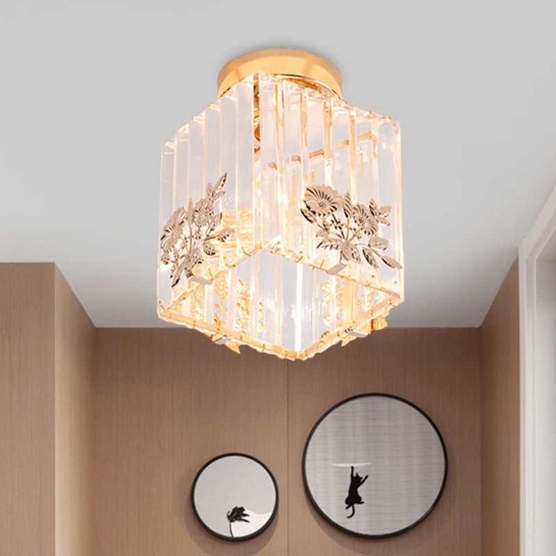 Nordic Cube-Shaped Semi Flush Crystal Ceiling Light Fixture Gold Finish