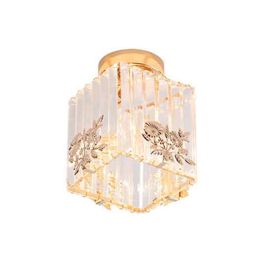 Nordic Cube-Shaped Semi Flush Crystal Ceiling Light Fixture, Gold Finish