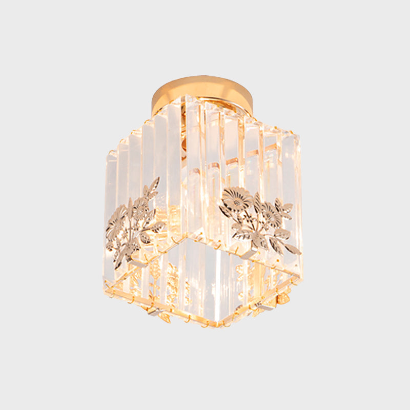 Nordic Cube-Shaped Semi Flush Crystal Ceiling Light Fixture, Gold Finish