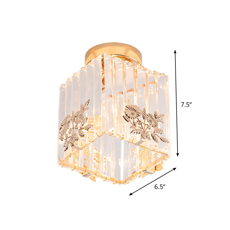 Nordic Cube-Shaped Semi Flush Crystal Ceiling Light Fixture Gold Finish