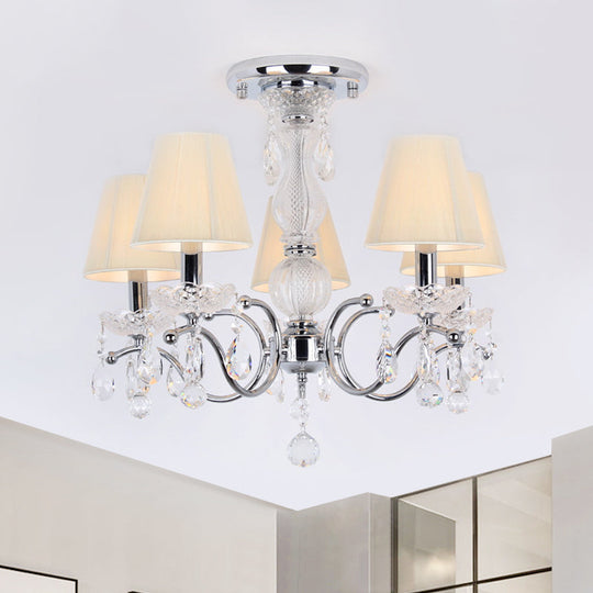 Modern Cone Semi Flush Crystal Ceiling Light Fixture with Swirled Arm - 5-Head Nickle Design