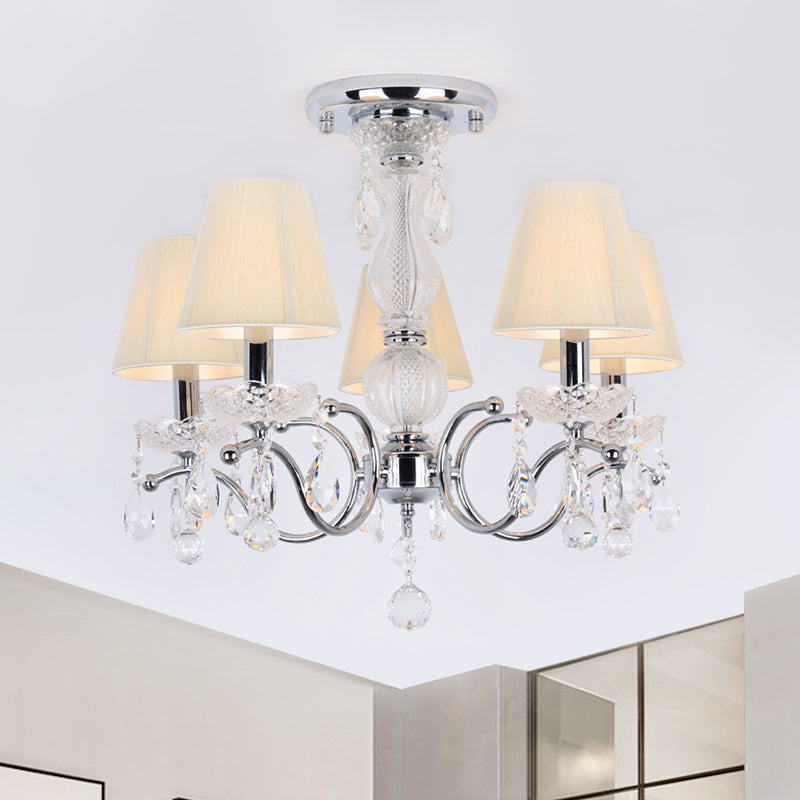 Modern Cone Semi Flush Crystal Ceiling Light Fixture With Swirled Arm - 5-Head Nickle Design Chrome