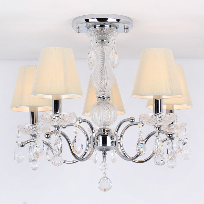 Modern Cone Semi Flush Crystal Ceiling Light Fixture with Swirled Arm - 5-Head Nickle Design