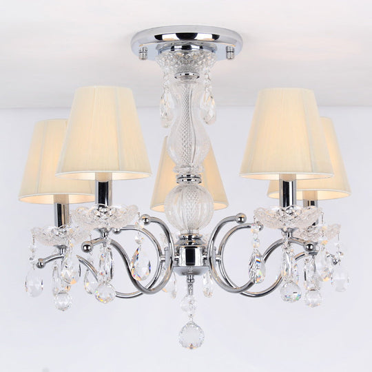 Modern Cone Semi Flush Crystal Ceiling Light Fixture with Swirled Arm - 5-Head Nickle Design