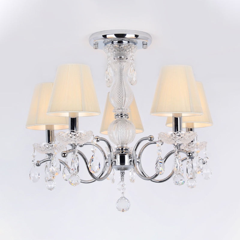 Modern Cone Semi Flush Crystal Ceiling Light Fixture with Swirled Arm - 5-Head Nickle Design