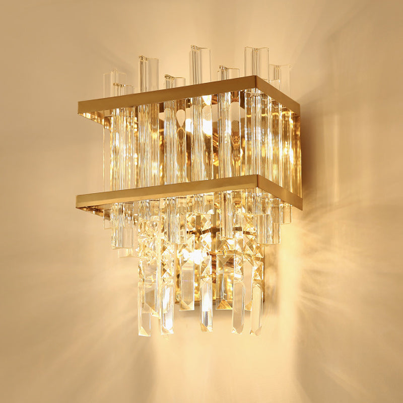 Modern Gold Crystal Rod Wall Mount Sconce With Cube Shade - 3-Light Fixture For Living Room Lighting