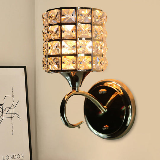 Modern Metal Wall Light Fixture With Crystal Shade And Cylinder Design - Ideal For Living Room Gold